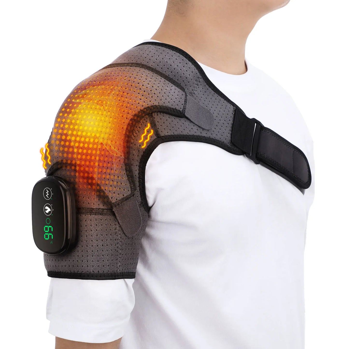 Man wearing ThermoFlex Pro heated shoulder massage brace for back pain relief