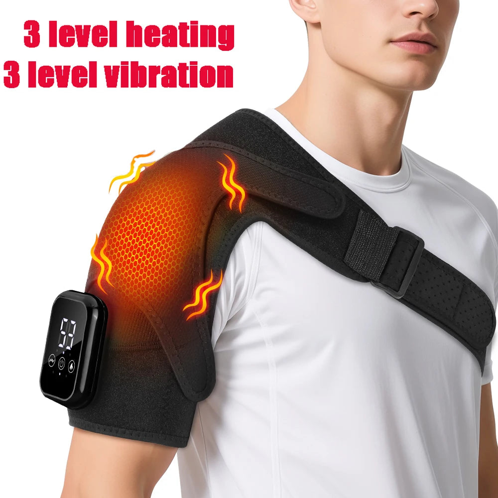Woman wearing ThermoFlex Pro heated shoulder massage brace at desk