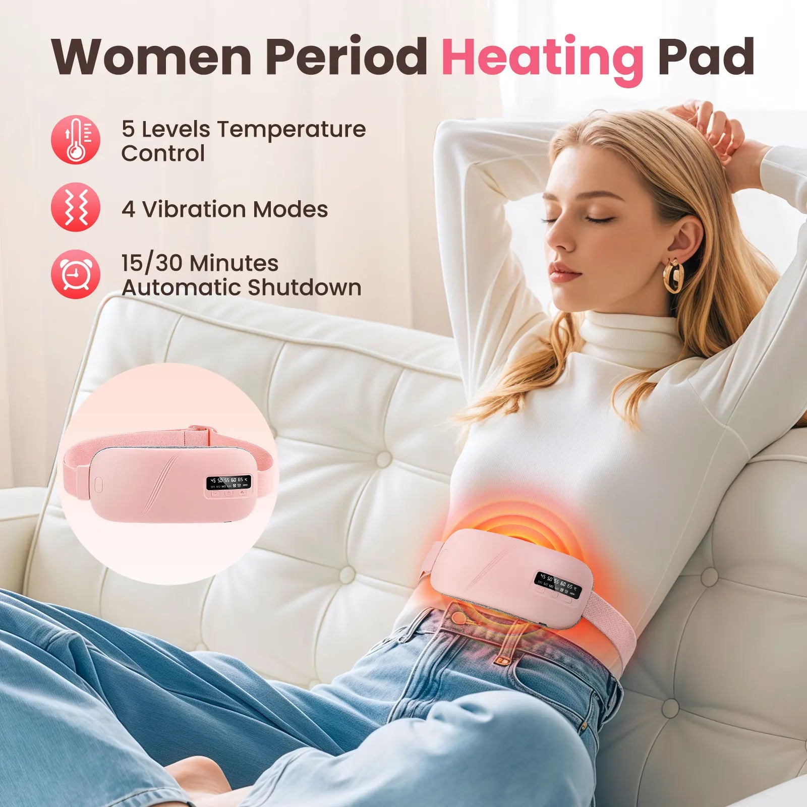 Person wearing heated waist warming belt for menstrual pain relief