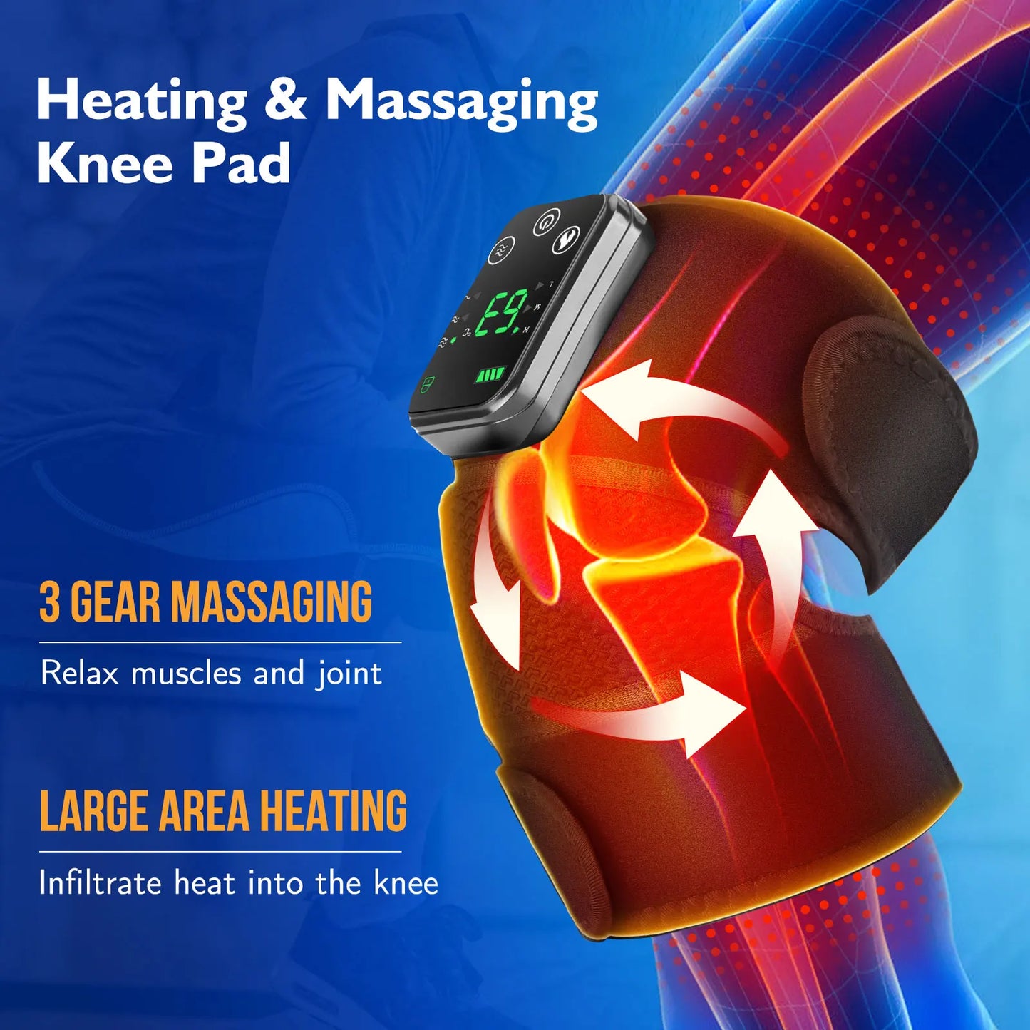 Heated knee brace digital touch display control panel close-up