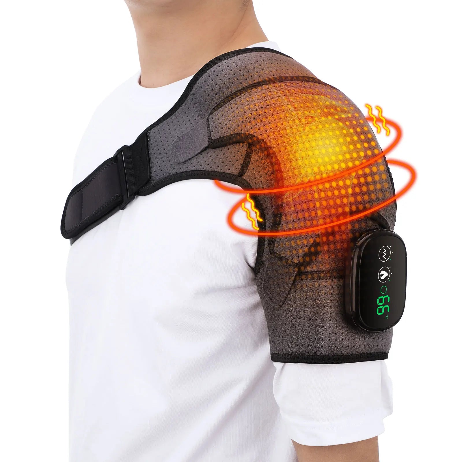ThermoFlex Pro heated shoulder massage brace worn on shoulder